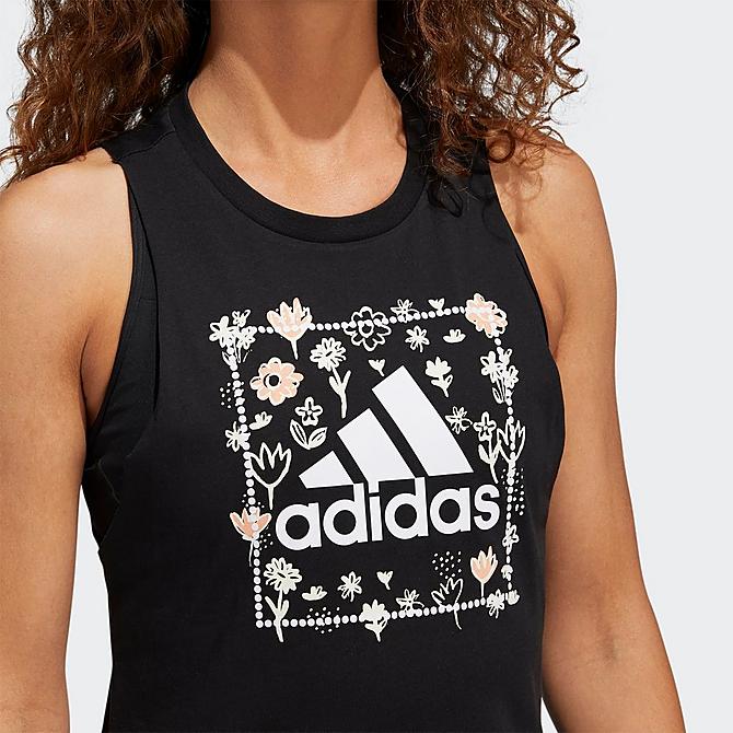 Back Right view of Women's adidas Soft Floral Box Graphic Tank in Black/White Click to zoom