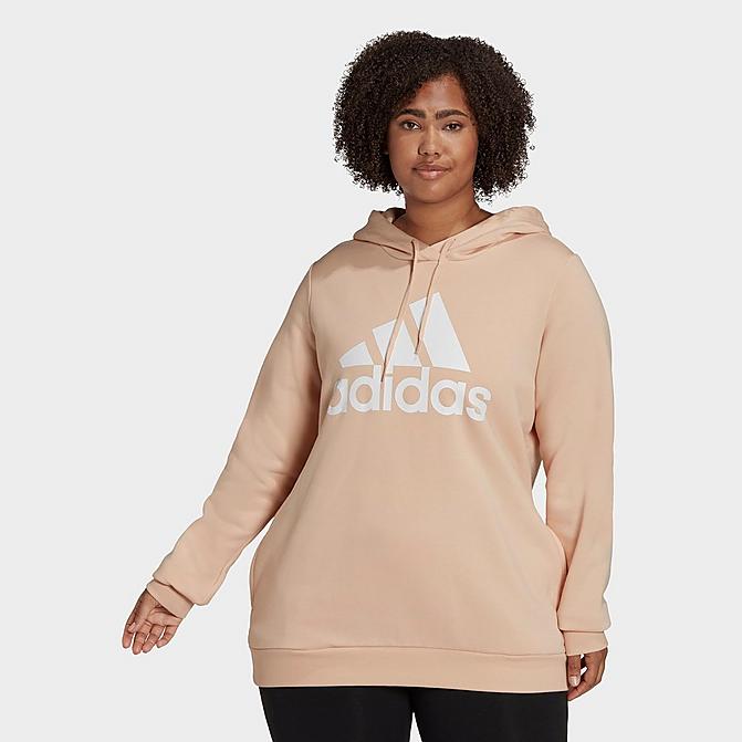 Front view of Women's adidas LOUNGEWEAR Essentials Logo Fleece Hoodie (Plus Size) in Halo Blush/White Click to zoom