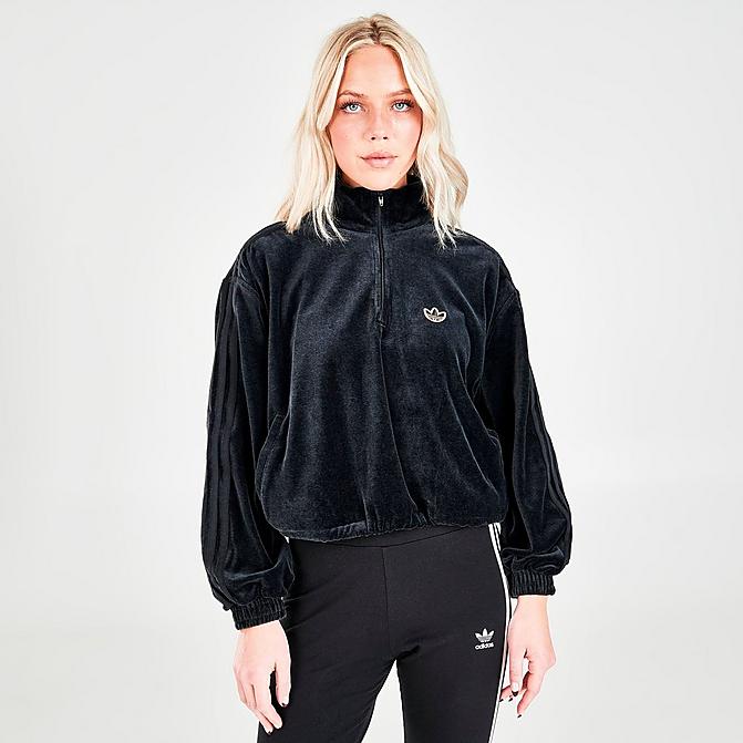 Front view of Women's adidas Originals Velour Melange Metallic Trefoil Badge Half-Zip Sweatshirt in Black Melange Click to zoom