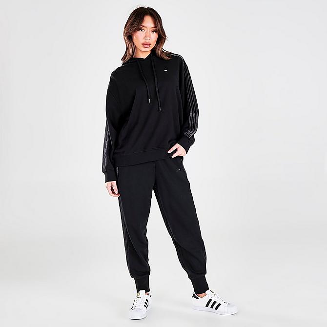 Front Three Quarter view of Women's adidas Originals Oversized Decadent Hoodie in Black Click to zoom