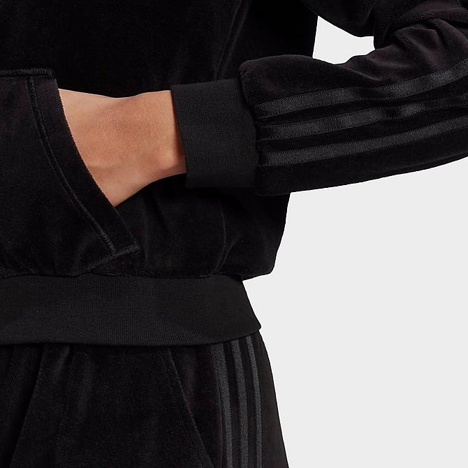 On Model 6 view of Women's adidas Originals Velour Crop Full-Zip Hoodie in Black Click to zoom