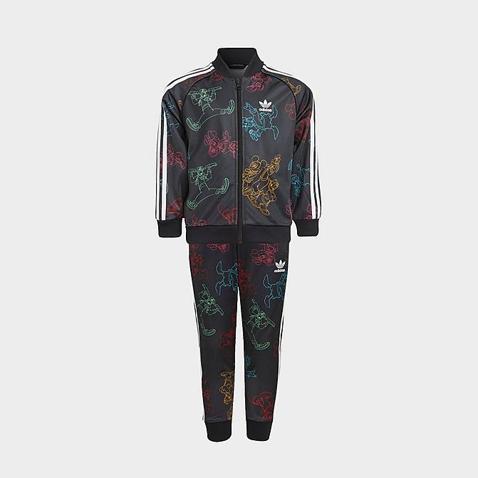 Front view of Girls' Little Kids' adidas Originals Disney SST Primegreen Track Suit in Black/Multicolor Click to zoom