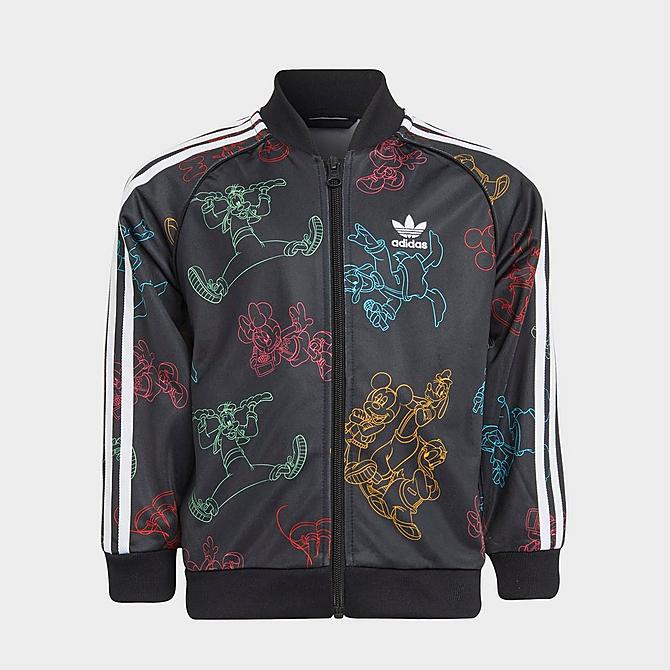 Front Three Quarter view of Girls' Little Kids' adidas Originals Disney SST Primegreen Track Suit in Black/Multicolor Click to zoom