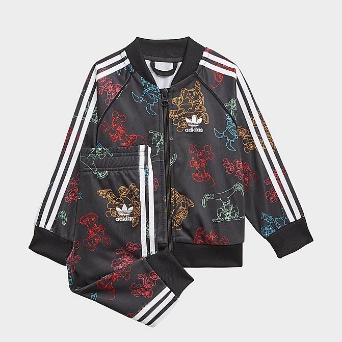 [angle] view of Girls' Infant and Toddler adidas Originals Disney SST Primegreen Track Suit in Black/Multicolor Click to zoom