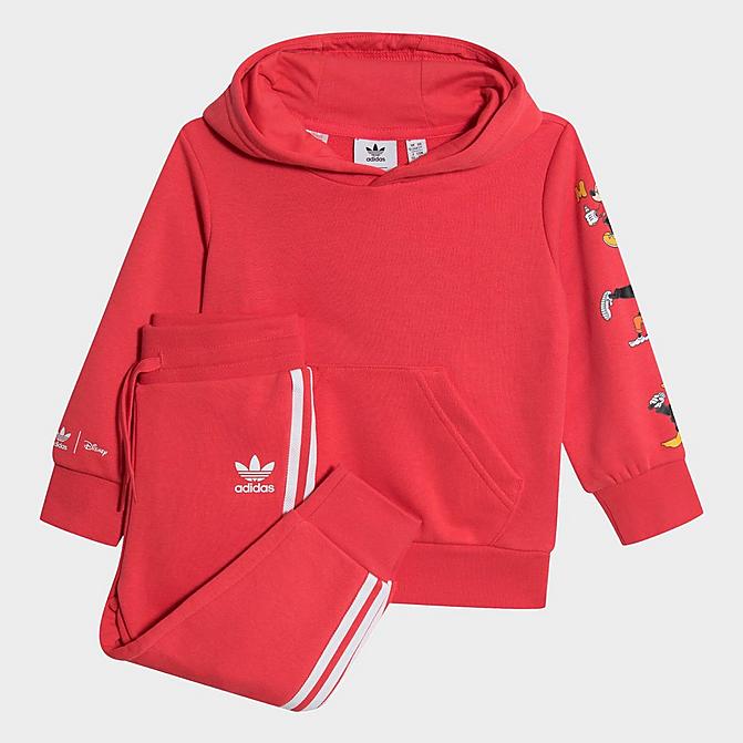 [angle] view of Girls' Infant and Toddler adidas Originals Disney Mickey and Friends Hoodie and Pants Set in Core Pink Click to zoom