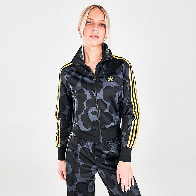 Front view of Women's adidas Originals x Marimekko Firebird Track Jacket in Black/Carbon Click to zoom