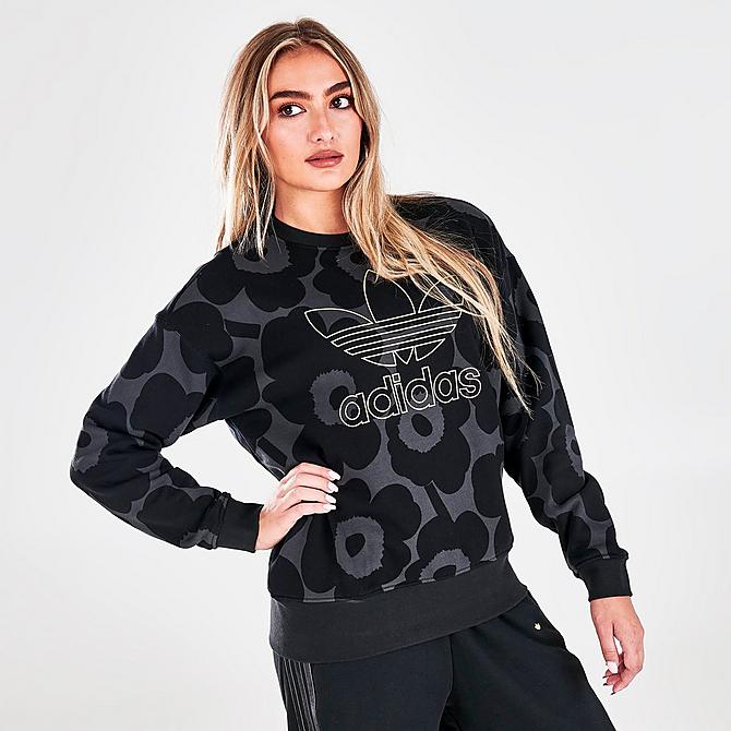 Back Left view of Women's adidas Originals x Marimekko Golden Trefoil Print Sweatshirt in Black/Carbon Click to zoom