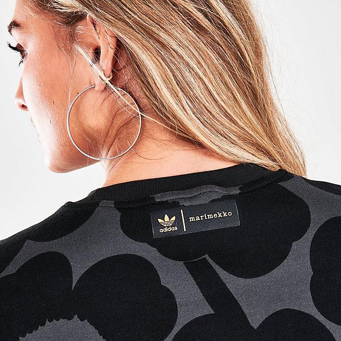 On Model 6 view of Women's adidas Originals x Marimekko Golden Trefoil Print Sweatshirt in Black/Carbon Click to zoom