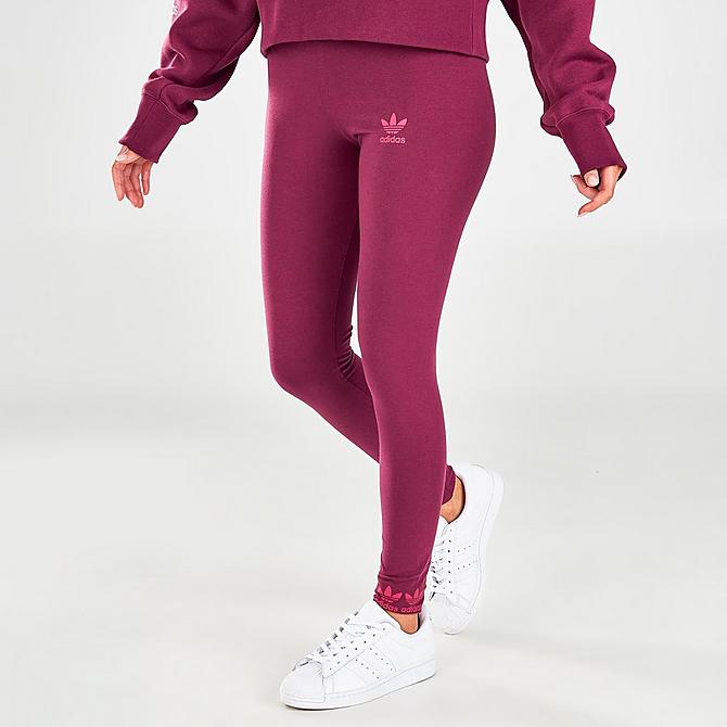 Front Three Quarter view of Women's adidas Originals Logo Play Leggings in Victory Crimson Click to zoom