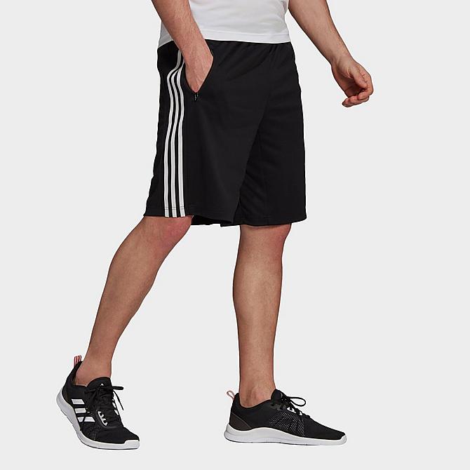 Front Three Quarter view of Men's adidas Designed 2 Move 3-Stripes Primeblue Shorts in Black/White Click to zoom