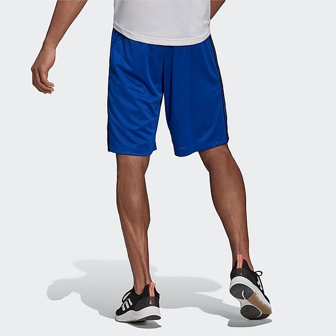 Front Three Quarter view of Men's adidas Designed To Move Three Stripes Primeblue Shorts in Team Royal Blue/Black Click to zoom