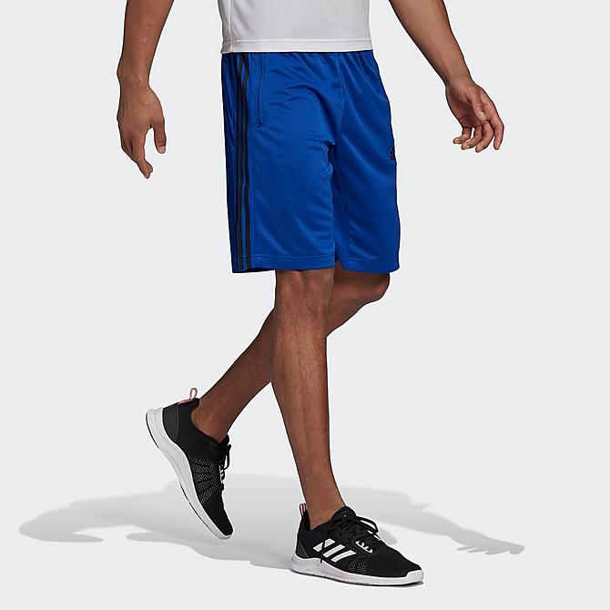 Back Left view of Men's adidas Designed To Move Three Stripes Primeblue Shorts in Team Royal Blue/Black Click to zoom