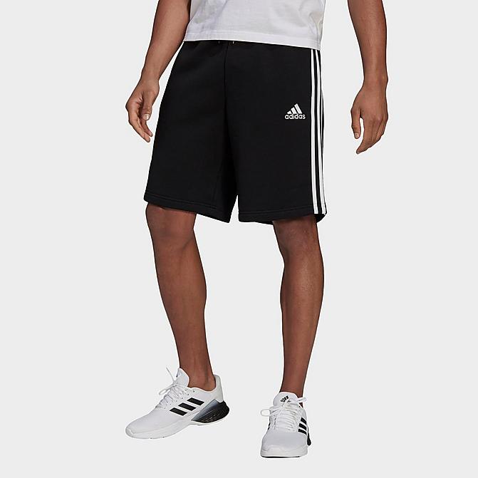 Front view of Men's adidas Essentials 3-Stripes Fleece Shorts in Black/White Click to zoom