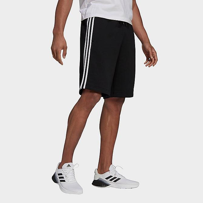 Front Three Quarter view of Men's adidas Essentials 3-Stripes Fleece Shorts in Black/White Click to zoom