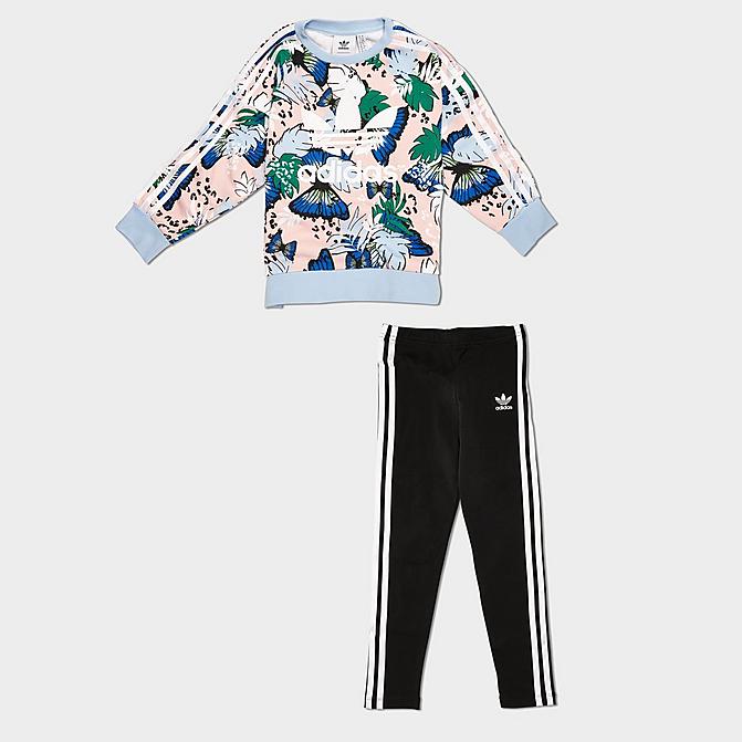[angle] view of Girls' Little Kids' adidas Originals HER Studio London Floral Print Crewneck Sweatshirt and Leggings Set in Light Pink/Blue Click to zoom