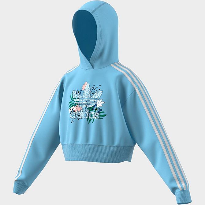 Front Three Quarter view of Girls' adidas Originals Her Studio London Cropped Hoodie in Blue/Multi Floral Click to zoom