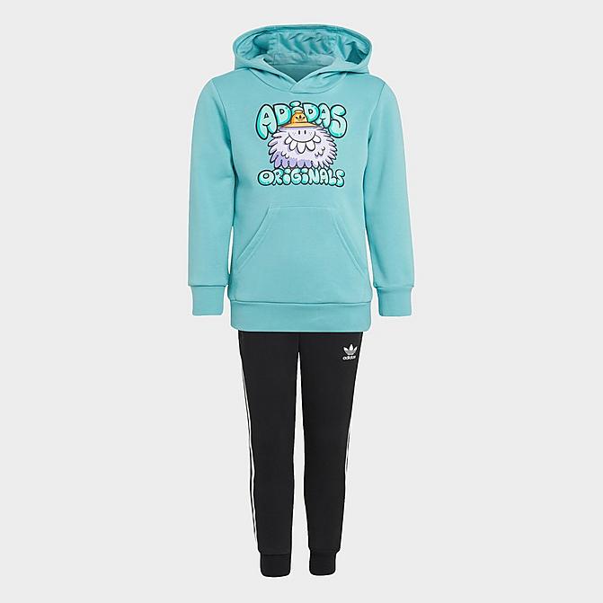 Front view of Boys' adidas Originals x Kevin Lyons Monsters Pullover Hoodie and Jogger Pants Set in Mint Ton Click to zoom