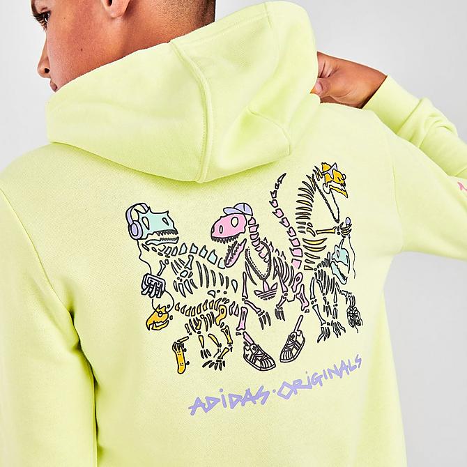 On Model 5 view of Kids' adidas Originals Funny Dino Graphic Hoodie in Pulse Yellow/Light Purple Click to zoom