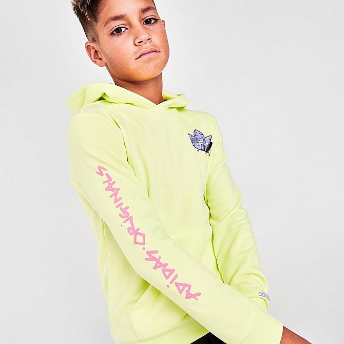 On Model 6 view of Kids' adidas Originals Funny Dino Graphic Hoodie in Pulse Yellow/Light Purple Click to zoom