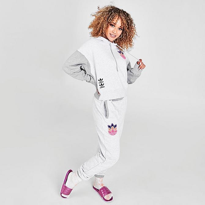 Front Three Quarter view of Women's adidas Originals Logo Play Cropped Hoodie in Light Grey Heather Click to zoom