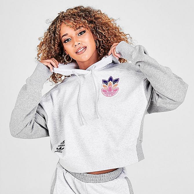 Back Left view of Women's adidas Originals Logo Play Cropped Hoodie in Light Grey Heather Click to zoom