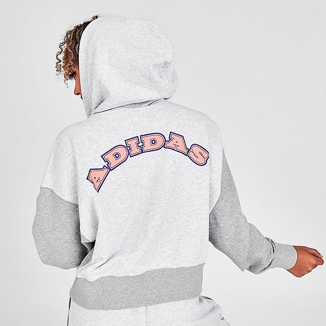 Back Right view of Women's adidas Originals Logo Play Cropped Hoodie in Light Grey Heather Click to zoom