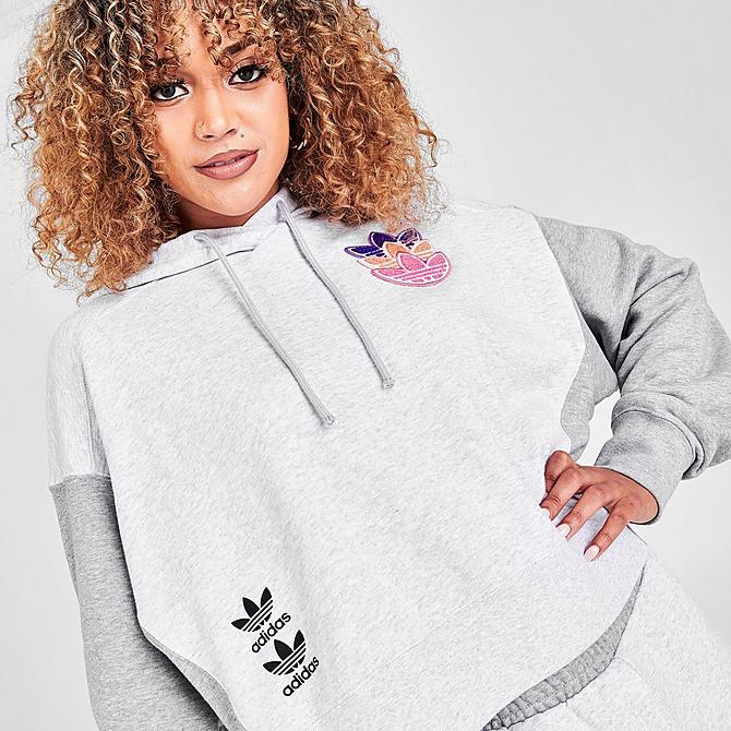 On Model 5 view of Women's adidas Originals Logo Play Cropped Hoodie in Light Grey Heather Click to zoom