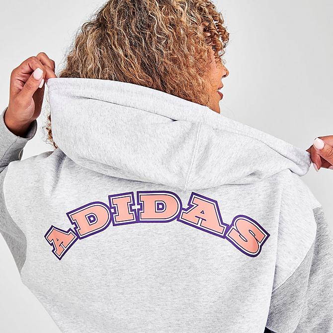 On Model 6 view of Women's adidas Originals Logo Play Cropped Hoodie in Light Grey Heather Click to zoom