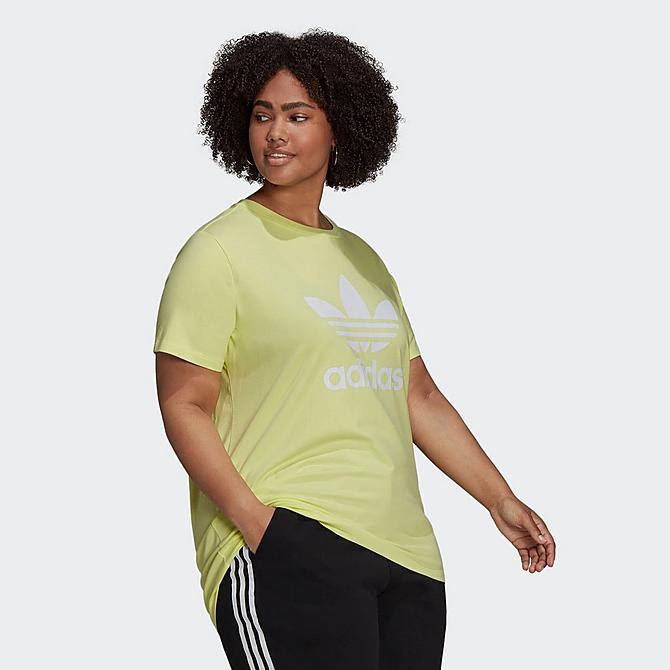 Back Left view of Women's adidas Originals Adicolor Classics Trefoil T-Shirt (Plus Size) in Pulse Yellow Click to zoom