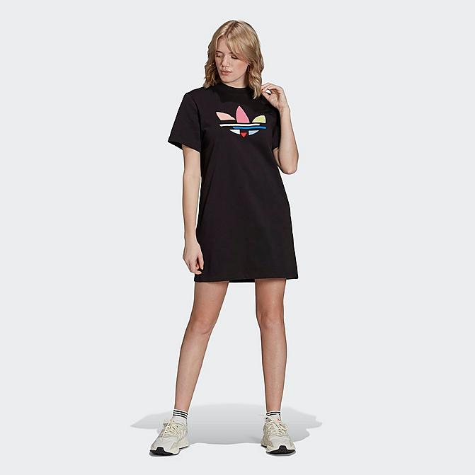 Front view of Women's adidas Originals Adicolor Shattered Trefoil T-Shirt Dress in Black Click to zoom