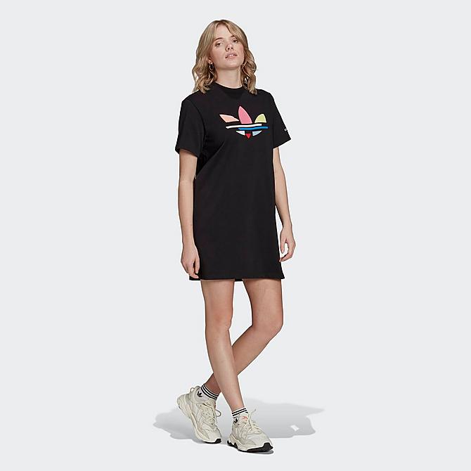 Back Left view of Women's adidas Originals Adicolor Shattered Trefoil T-Shirt Dress in Black Click to zoom