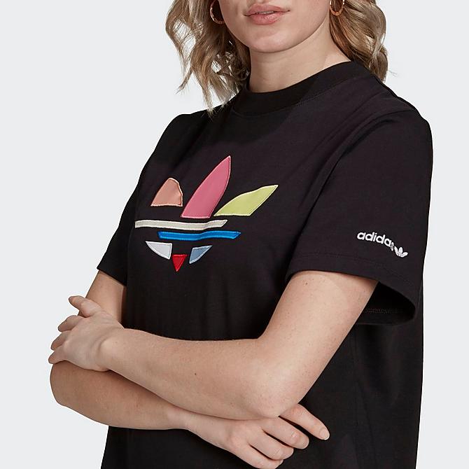 Back Right view of Women's adidas Originals Adicolor Shattered Trefoil T-Shirt Dress in Black Click to zoom