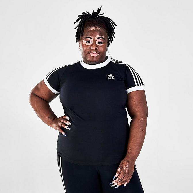 Front view of Women's adidas Originals Adicolor Classics 3-Stripes T-Shirt (Plus Size) in Black/White Click to zoom
