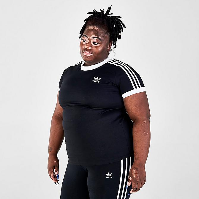 Back Left view of Women's adidas Originals Adicolor Classics 3-Stripes T-Shirt (Plus Size) in Black/White Click to zoom