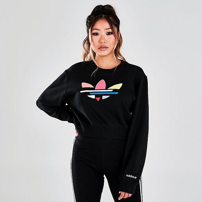 Front view of Women's adidas Originals Adicolor Shattered Trefoil Cropped Sweatshirt in Black Click to zoom