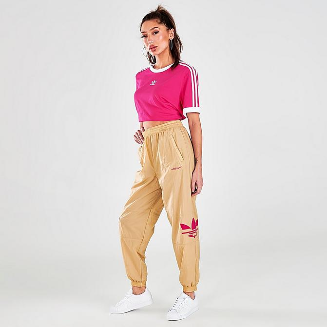 Front view of Women's adidas Originals Adicolor Shattered Trefoil Track Pants in Beige Tone/Pink Click to zoom