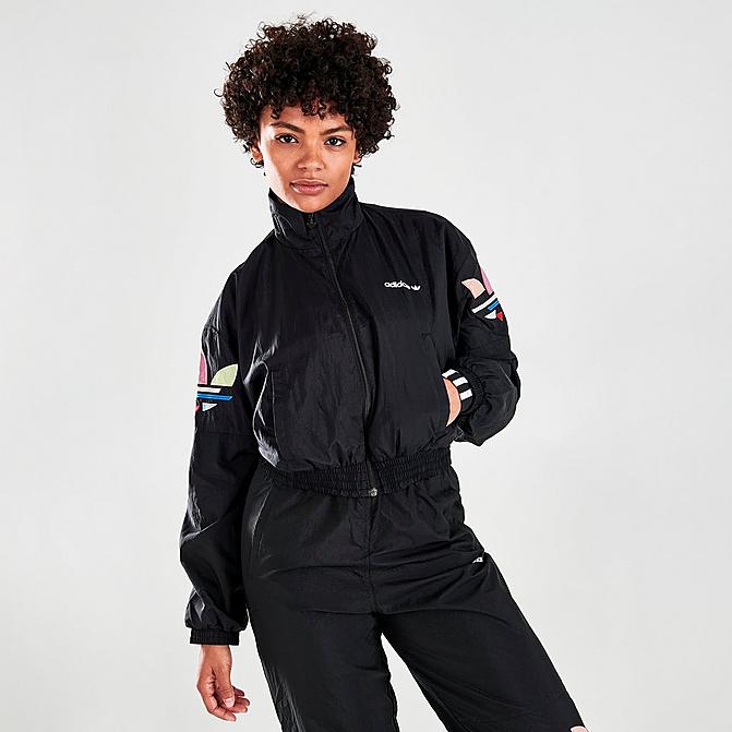 Front view of Women's adidas Originals Adicolor Shattered Trefoil Track Jacket in Black Click to zoom