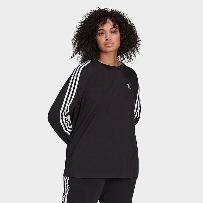 Front view of Women's adidas Originals Adicolor Classics 3-Stripes Long-Sleeve T-Shirt (Plus Size) in Black Click to zoom