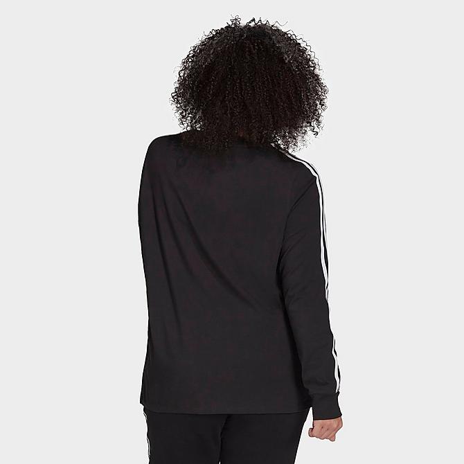 Back Left view of Women's adidas Originals Adicolor Classics 3-Stripes Long-Sleeve T-Shirt (Plus Size) in Black Click to zoom