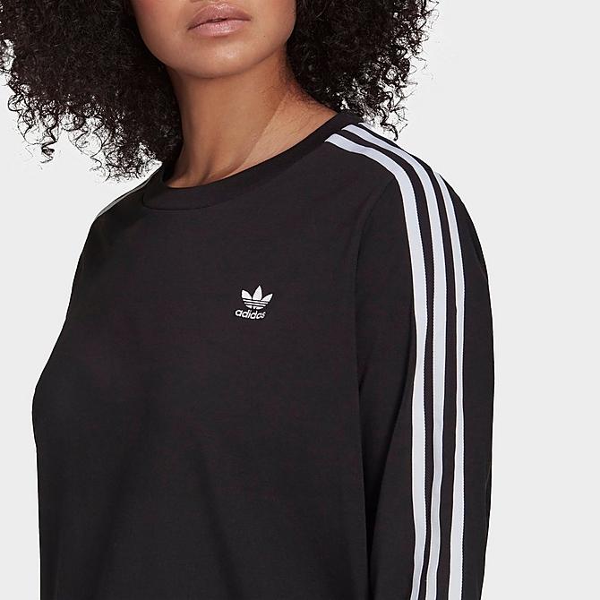 Back Right view of Women's adidas Originals Adicolor Classics 3-Stripes Long-Sleeve T-Shirt (Plus Size) in Black Click to zoom