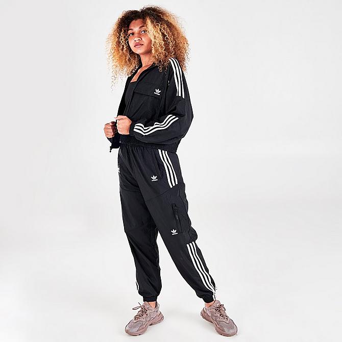 Front Three Quarter view of Women's adidas Originals Crop Woven Track Top in Black/White Click to zoom