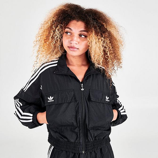 Back Left view of Women's adidas Originals Crop Woven Track Top in Black/White Click to zoom