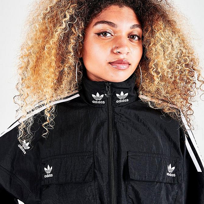 On Model 6 view of Women's adidas Originals Crop Woven Track Top in Black/White Click to zoom