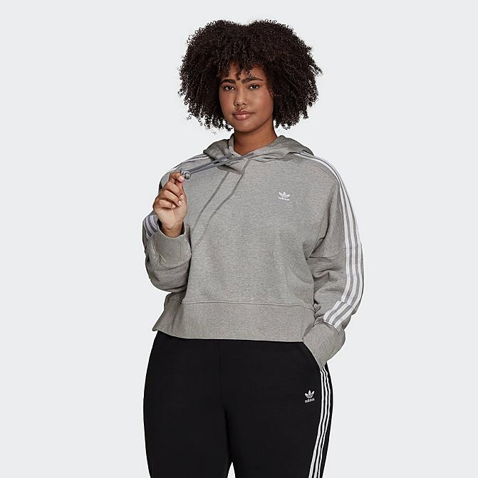 Front view of Women's adidas Originals Adicolor Classics Cropped Hoodie (Plus Size) in Medium Grey Heather Click to zoom