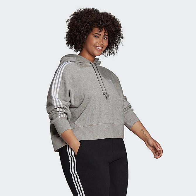 Back Left view of Women's adidas Originals Adicolor Classics Cropped Hoodie (Plus Size) in Medium Grey Heather Click to zoom