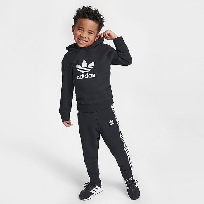 Front view of Infant and Kids' Toddler adidas Originals Trefoil Pullover Hoodie and Jogger Pants Set in Black/White Click to zoom