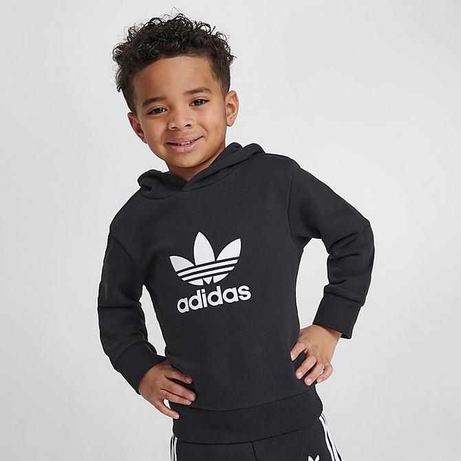 Back Left view of Infant and Kids' Toddler adidas Originals Trefoil Pullover Hoodie and Jogger Pants Set in Black/White Click to zoom