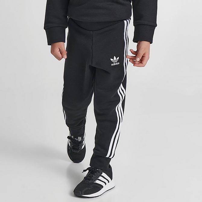 Back Right view of Infant and Kids' Toddler adidas Originals Trefoil Pullover Hoodie and Jogger Pants Set in Black/White Click to zoom