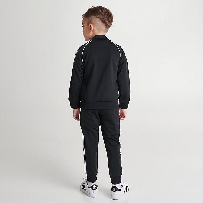Front Three Quarter view of Little Kids' adidas Originals Adicolor SST Track Suit in Black/White Click to zoom