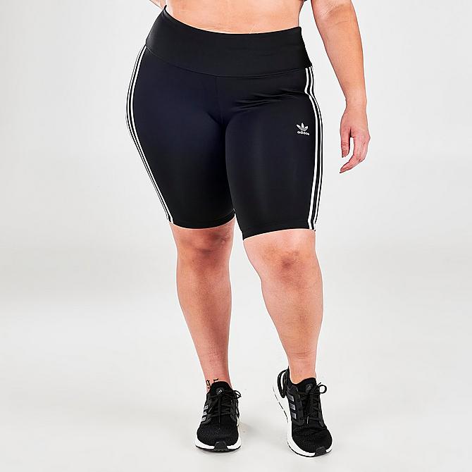 Front Three Quarter view of Women's adidas Originals OG Bike Shorts (Plus Size) in Black Click to zoom